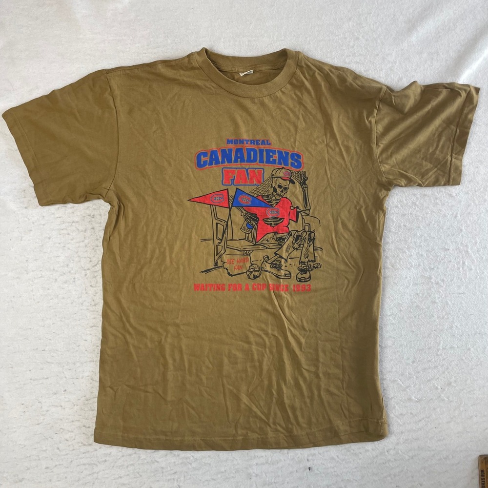 VTG Montreal Canadiens Fan T-Shirt Mens XL Brown Skeleton Die Hard Fan